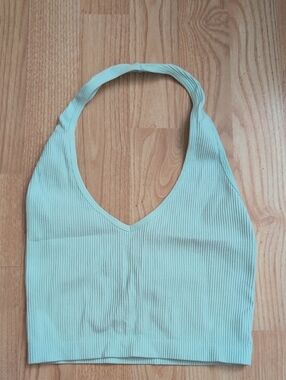 Aritzia Sunday Best SINCH SEAMLESS RIBBED HALTER TOP Frosted Aquamarine Size S